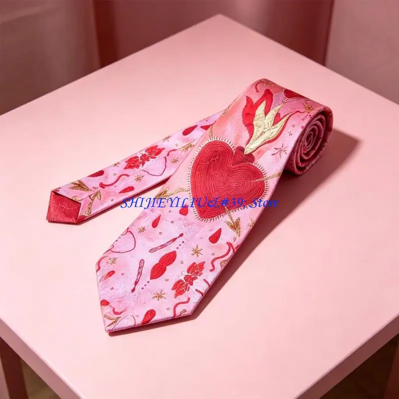 E21F Bold Red Heart Patterned Dress Tie Perfect For Cosplay And Street Photo Props