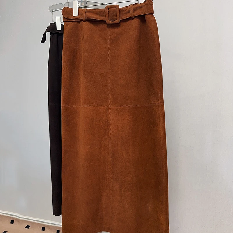 Genuine Leather Skirt Spring New Office Ladies Coffee/Caramel Vintage Fashion Kid Suede Belt Slim Back Split Wrap Hip Long Skirt
