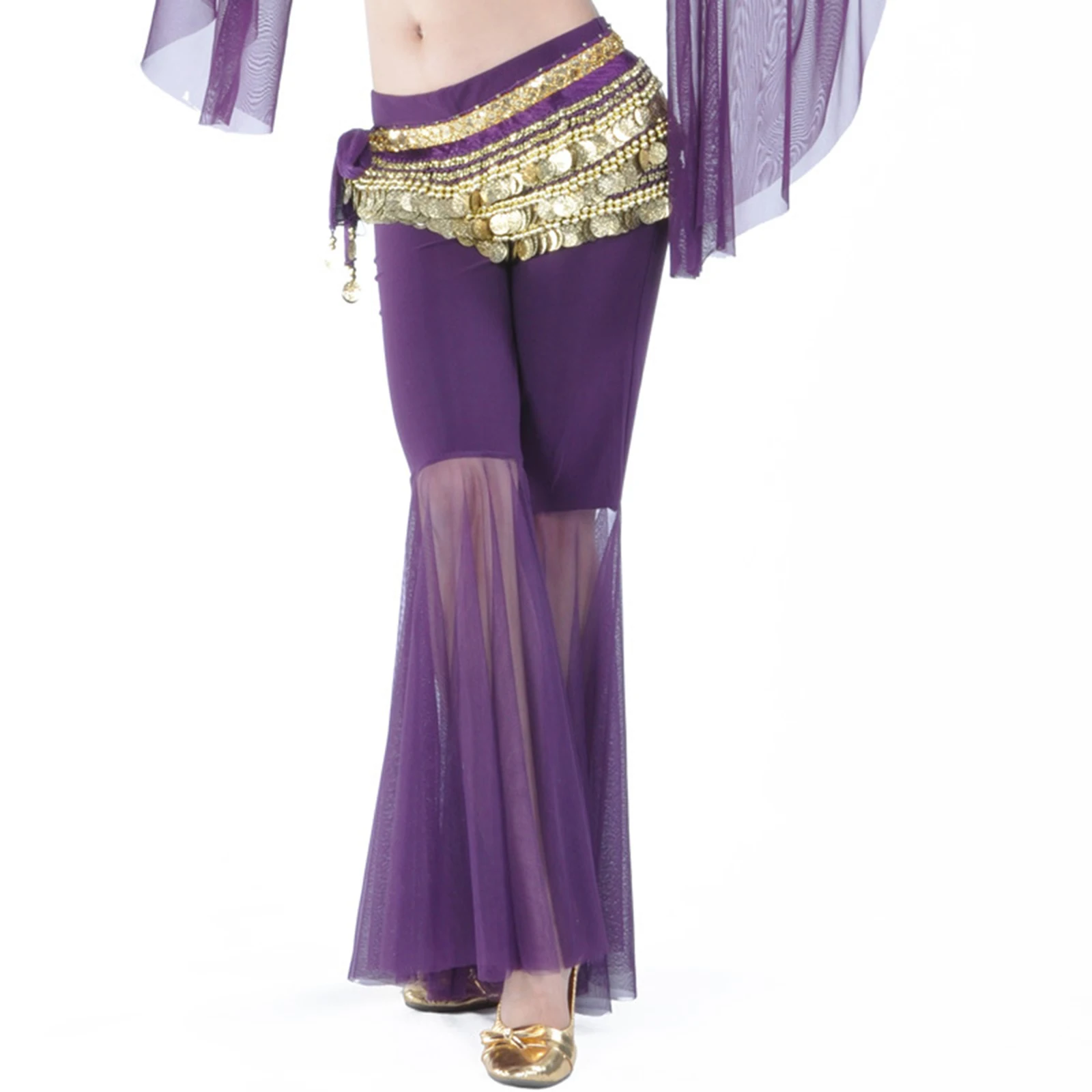 Womens Belly Dance Practice Stage Performance Costume Sheer Tulle Bell-Bottomed Pants Low Rise Flared Trousers