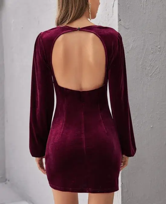 

Women Dresses 2026 Spring Autumn New Solid Color Square Collar Long Sleeve Velvet Backless Waist Cinched Casual A-Line Dress