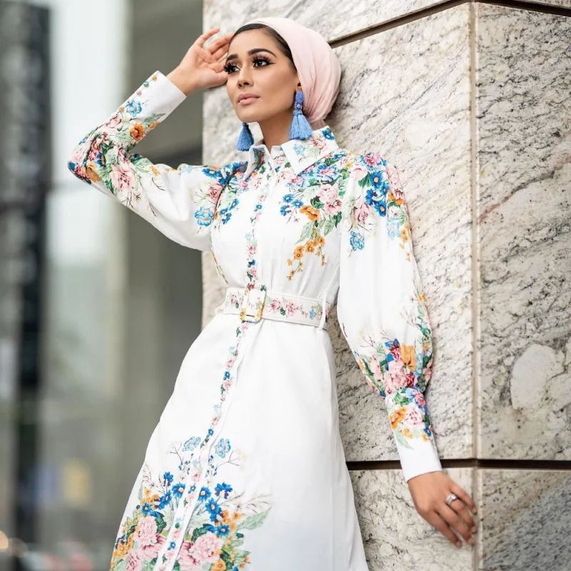 

Long Dress Puff Sleeves Lapel Robe Cardigan Y2K Printed Shirt Dress Women High Waist Muslim Fashion Shirt Dress with Belt