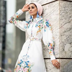 Long Dress Puff Sleeves Lapel Robe Cardigan Y2K Printed Shirt Dress Women High Waist Muslim Fashion Shirt Dress with Belt