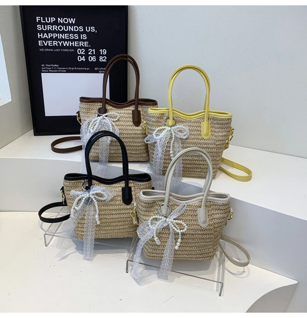 المرأة دلو حقيبة القش المنسوجة Crossbody حقيبة شاطئية عادية تخفيف عطلة نمط كتلة اللون تصميم يده حمل حقائب الإناث
