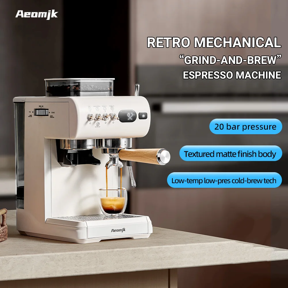 Aeomjk Espresso Machine with Built-In Grinder, Dual Extraction for