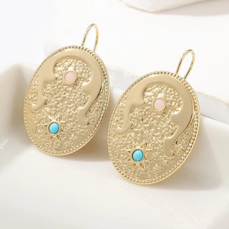 Vintage Court Gold Plated Ornate Earrings Women's Creative Ethnic Style Imitation Turquoise Earrings Party Banquet Jewelry