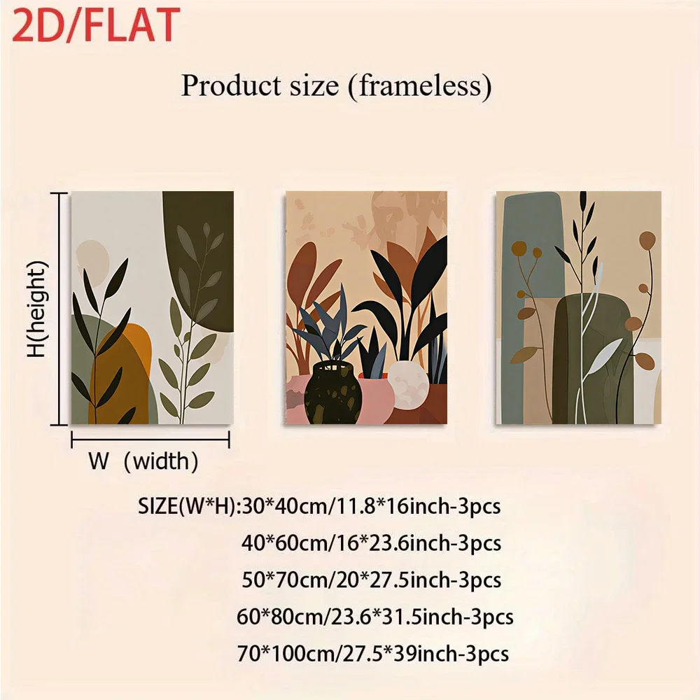 3PCS frameless  Large-sized  canvas paintings,1 set of abstract plant and flower murals, Instagram-style triptych  decora