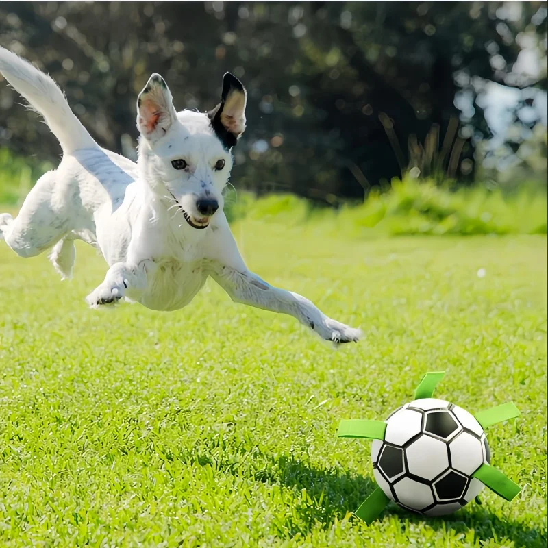

1pc Durable Football Design Pet Toy With Straps Dog Chewing Ball Toy For Training Playing Teeth Cleaning, Interactive Fetch Pet