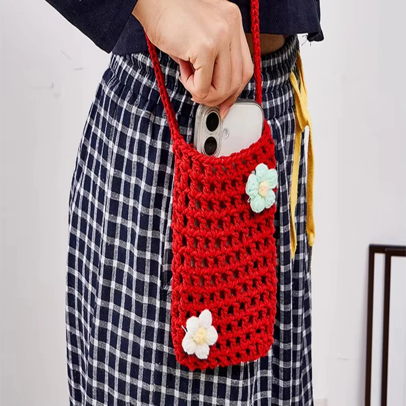 Mini Mobile Phone Bag Ins Style Cotton Thread Woven Hollow Single-Shoulder Cross-Body Bag Lightweight Convenient Storage Bag