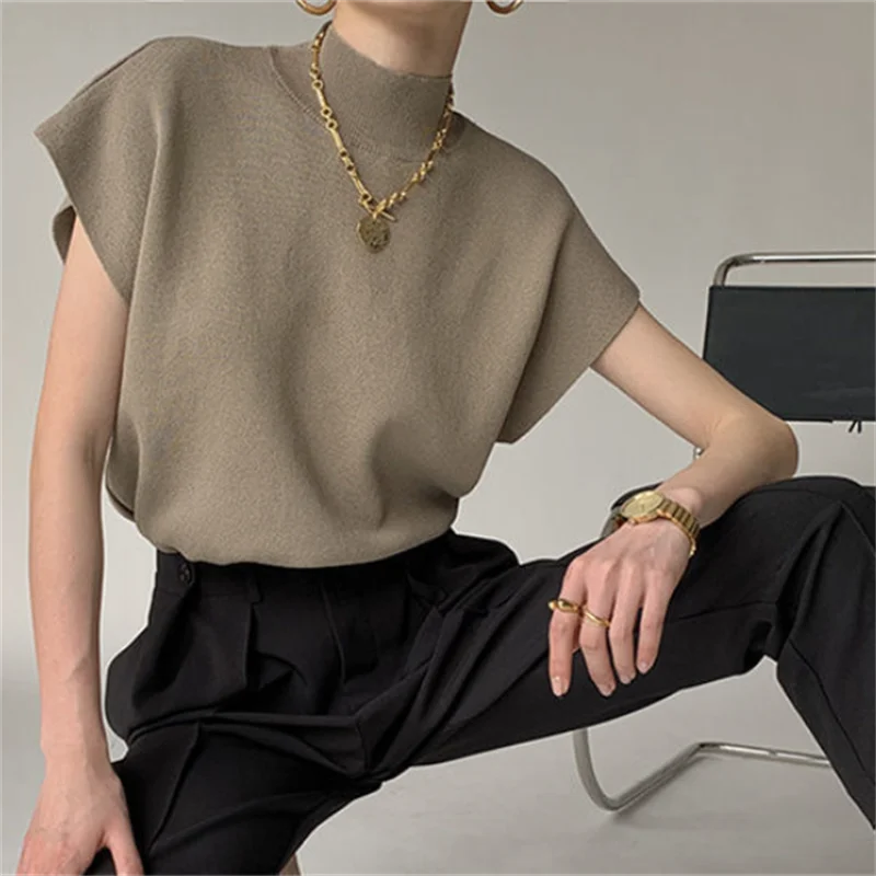 Knitted Vest Women Short Sleeve Top Half High Collar Slim Base Camisole Casual Tank Top Knitwear Summer Streetwear Ladies Camis