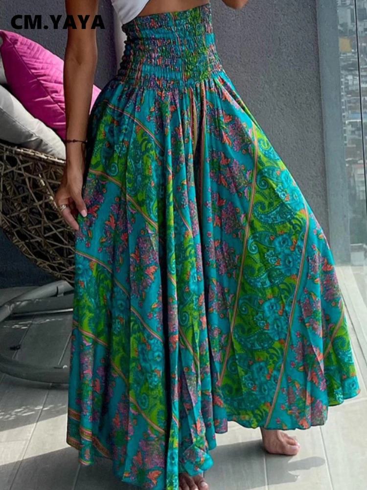 CM.YAYA Women Fashion Bandanna Paisley Big Swing High Waist Maxi Skirt Streetwear 2024 Boho Vintage Casual Long Skirts