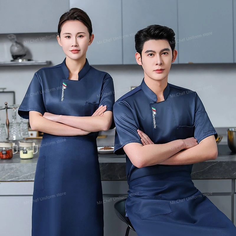 Schwarze Kochjacke Restaurant Kurzarm Kochuniform Kochmantel Koch T-Shirt Bäcker Arbeitsuniform Kellner Hotelkleidung Damen Logo