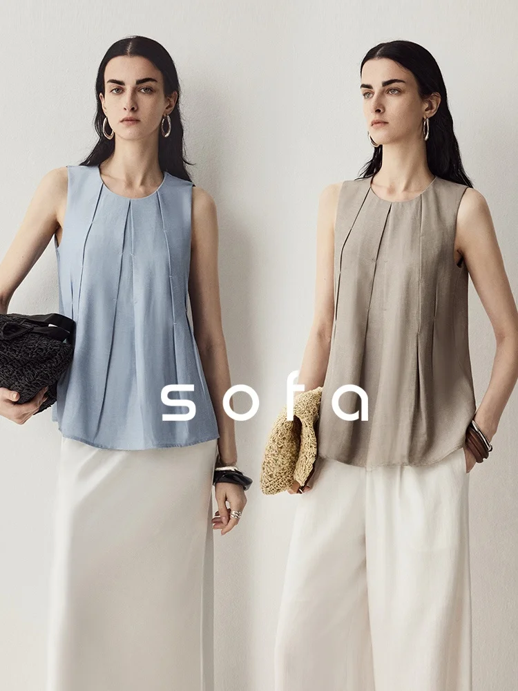 

Elegant Minimalist Linen Vacation Shirt Sofa Quality Sleeveless Vest Women's Top Polyester Fiber Loose Fit round Neck