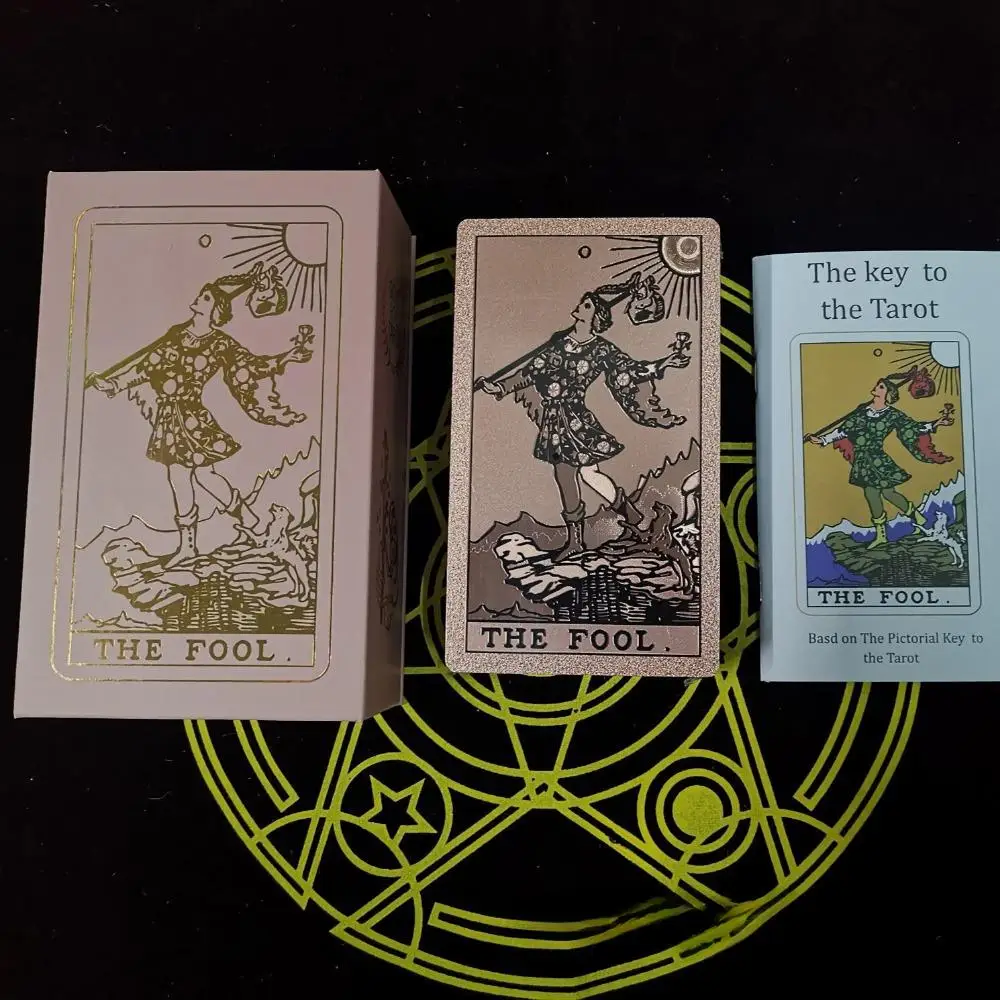 Hexagram Gold Foil Tarot Cards with Rose Pattern, 78 Cards Rider Tarot Deck 12*7cm, with Paper Instruction Guide