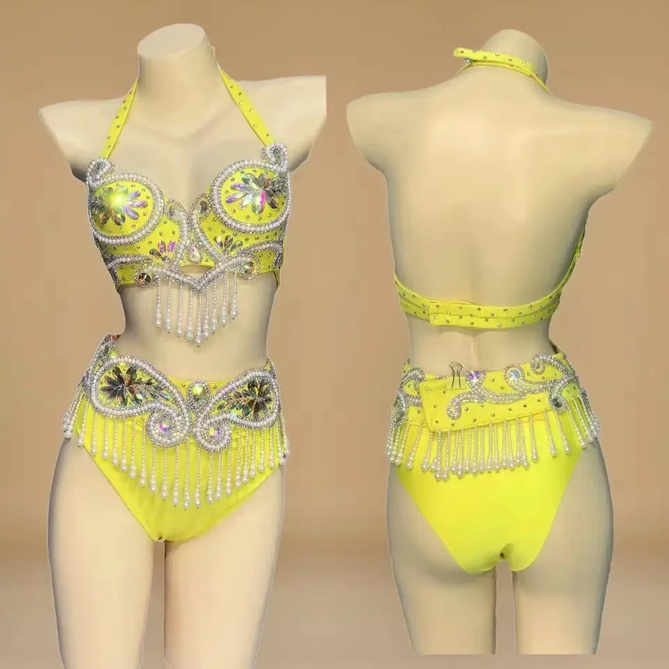 Sexy Rhinestone Belly Dance Bra and Belt Panty Women Carnival Samba Nightclub DJ Dancer Stage Performance Wear Rave Outfit