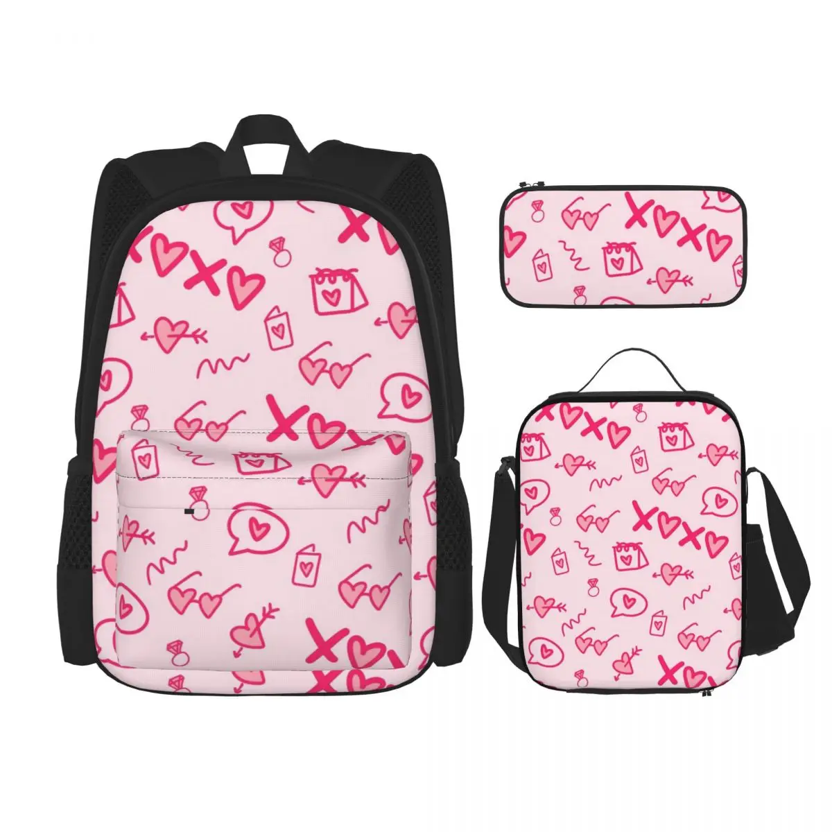 Pink Pattern Student backpack, crossbody dining bag, storage pen bag, 3 piece set