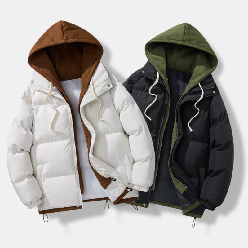 

Winter Warm Two-Piece Hooded Jacket Thickened Layered-Style Men's Casual Coat Outdoor Windproof Cotton Clothes Fashion Top