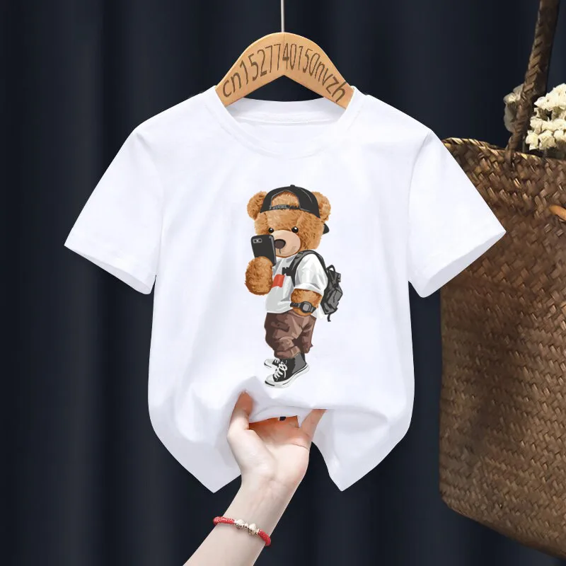 Funny Skateboard Bear Print Boys/Girls White T-shirt Kid Summer Harajuku Kawaii Funny Clothes Little Baby Y2K Clothes,Drop Ship