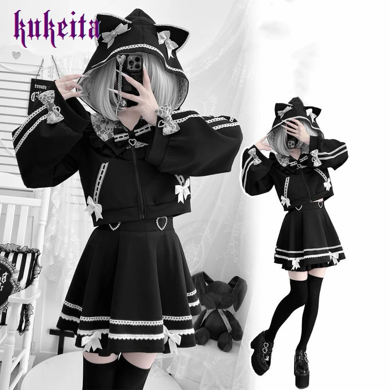 

Gothis Lolita Kawaii Hoodie Skirt Set Harajuku Y2k Women Cute Cat Ear Hooded Jacket+Bow Lace High Waist Mini Skirt 2 Piece Sets