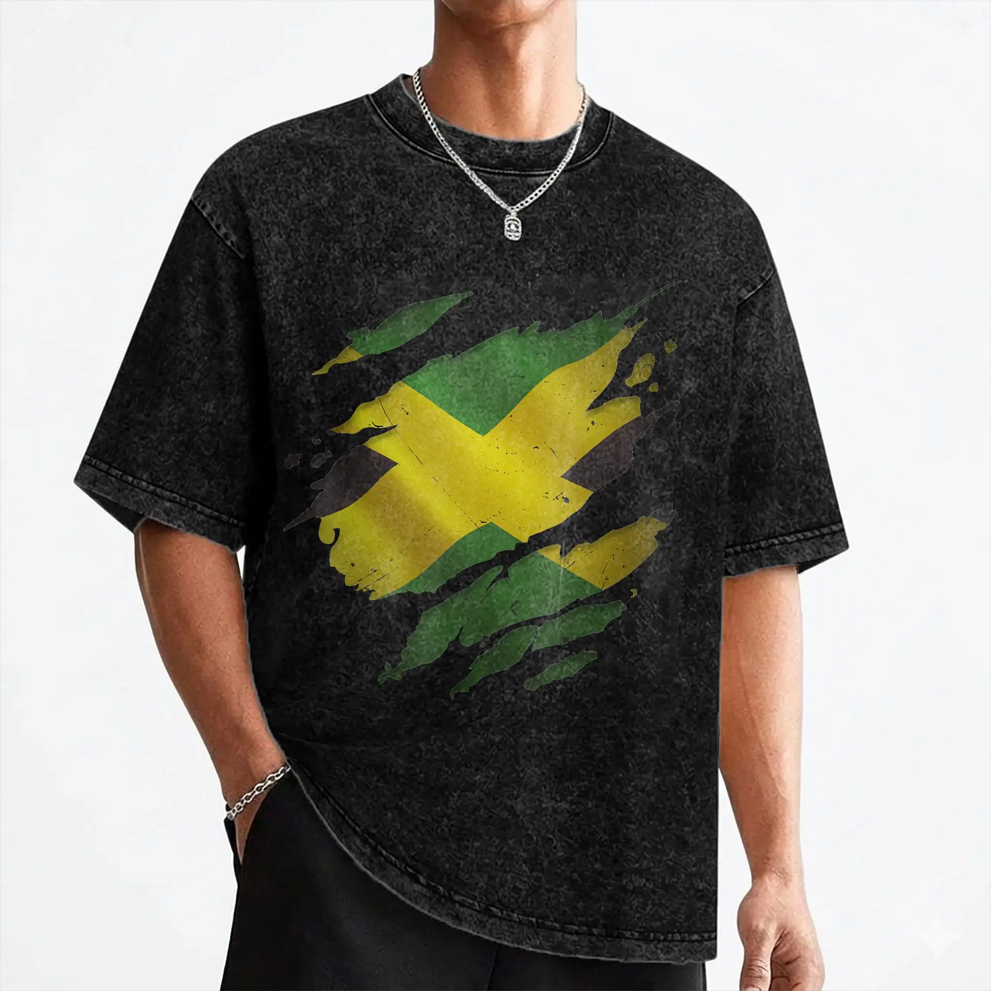 Jamaica Flag Jamaican T Shirt Washed Cotton T-Shirt Vintage Men Women Streetwear Summer Tees