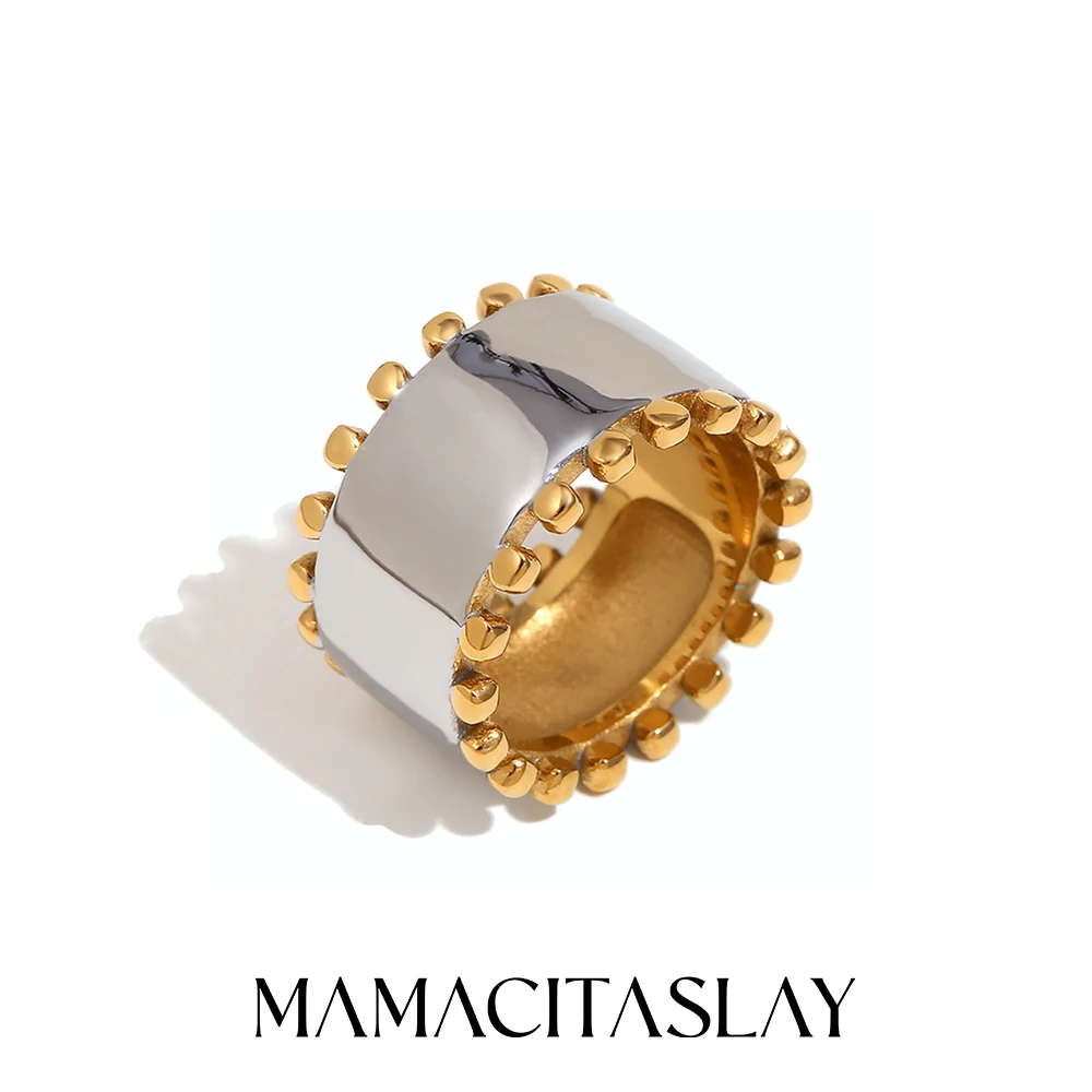 MamacitaSlay Edelstahl 18 Karat vergoldet, silberfarben, doppelseitige Perlen, 12 mm breite Ringe, 2025, neues Design, wasserfester Schmuck