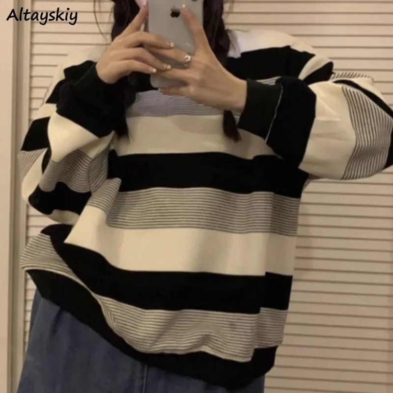 

Korean Style Hoodies for Women O-neck Long Sleeve Spring Autumn Striped Chic Ulzzang Loose College Young Cool Girls Tops Casual