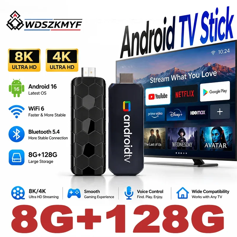 8K/4K UHD Media Player Android16 TV Stick WiFi6 Bluetooth 8GB RAM+128GB ROM Dual UI Home Entertainment Support Netflix YouTube