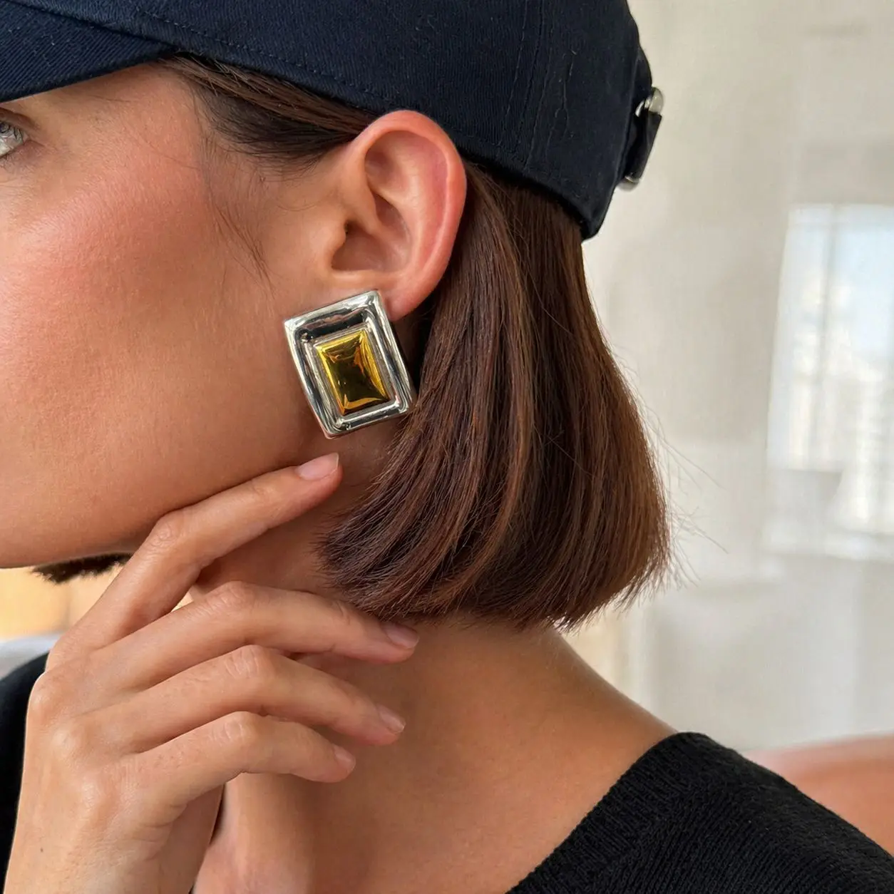 Earring Stainless Steel Square Two Tone Polished Contrast Commute Office Heavy Durable Premium Jewelry for Women