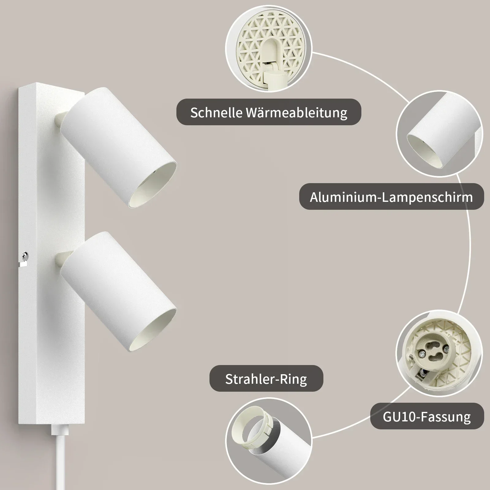 Wall light with switch indoor spotlight 2 spots GU10 with switch and plug white wall lamp rotatable 350° without bulb