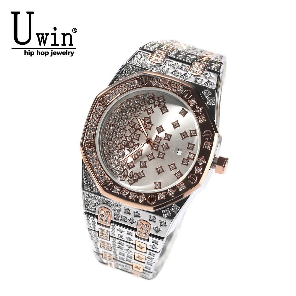 

UWIN Men's Big Dail Quartz Watch Iced Out Bling Diamond Top Dual Clock Luxury Waterproof Wrist Watch