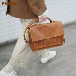 PNDME-maletín de cuero genuino para mujer, bolso de mano de piel de vaca auténtica, informal, de negocios, con cierre, a la moda