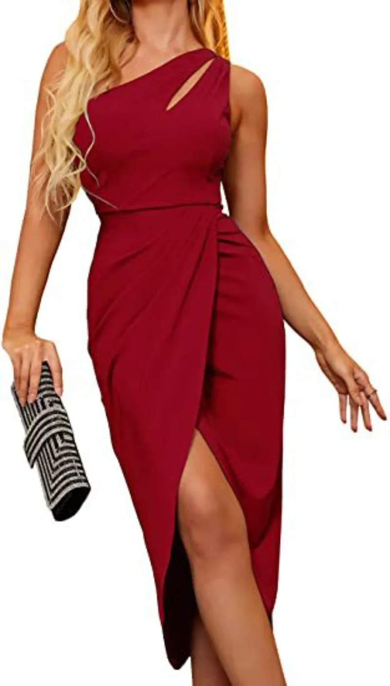 Summer Women's Dress Sleeveless One-Shoulder High Waist Pleated Solid Color Nightclub Backless Slit Slim Party Mid-Long Dress