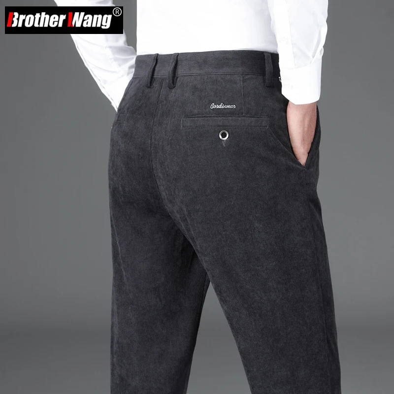 

Autumn Winter Men's Straight Corduroy Pants Classic Style Business Fashion Stretch Slim Casual Pants Male Brand Dark Gray Black