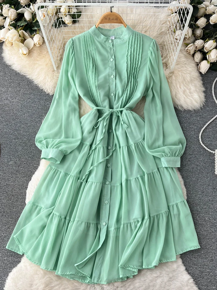 Women Casual Chiffon Dress Spring Autumn Long Sleeved Slim A-line Party Dresses French Chic Pleated Shirt Long Robe Vestidos 872