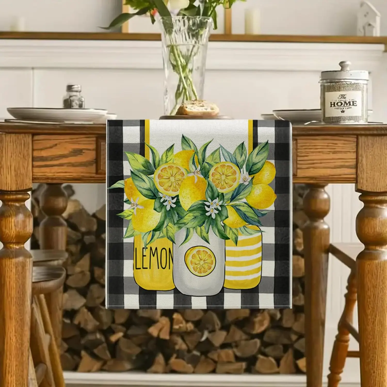 Buffalo Plaid Lemon Vase Table Runner, Yellow Summer Flowers Kitchen Dining Indoor Outdoor Home Party Decor