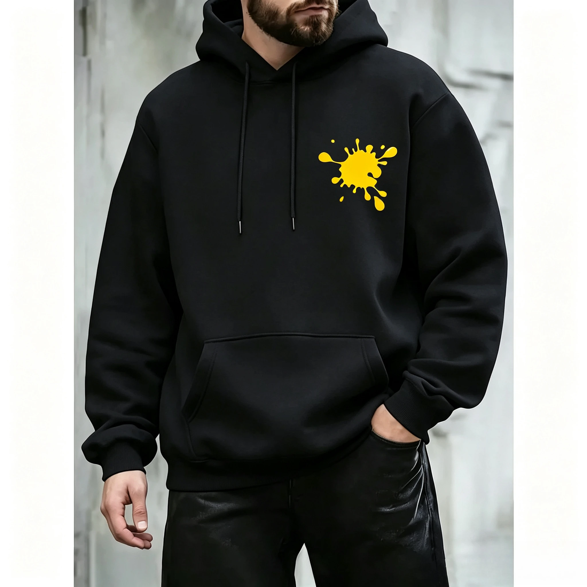 Yellow Ink Splash Graphic Hoodie Men Women Loose Hooded Sweatshirt  Print Pullover Art Casual Streetwear Tops