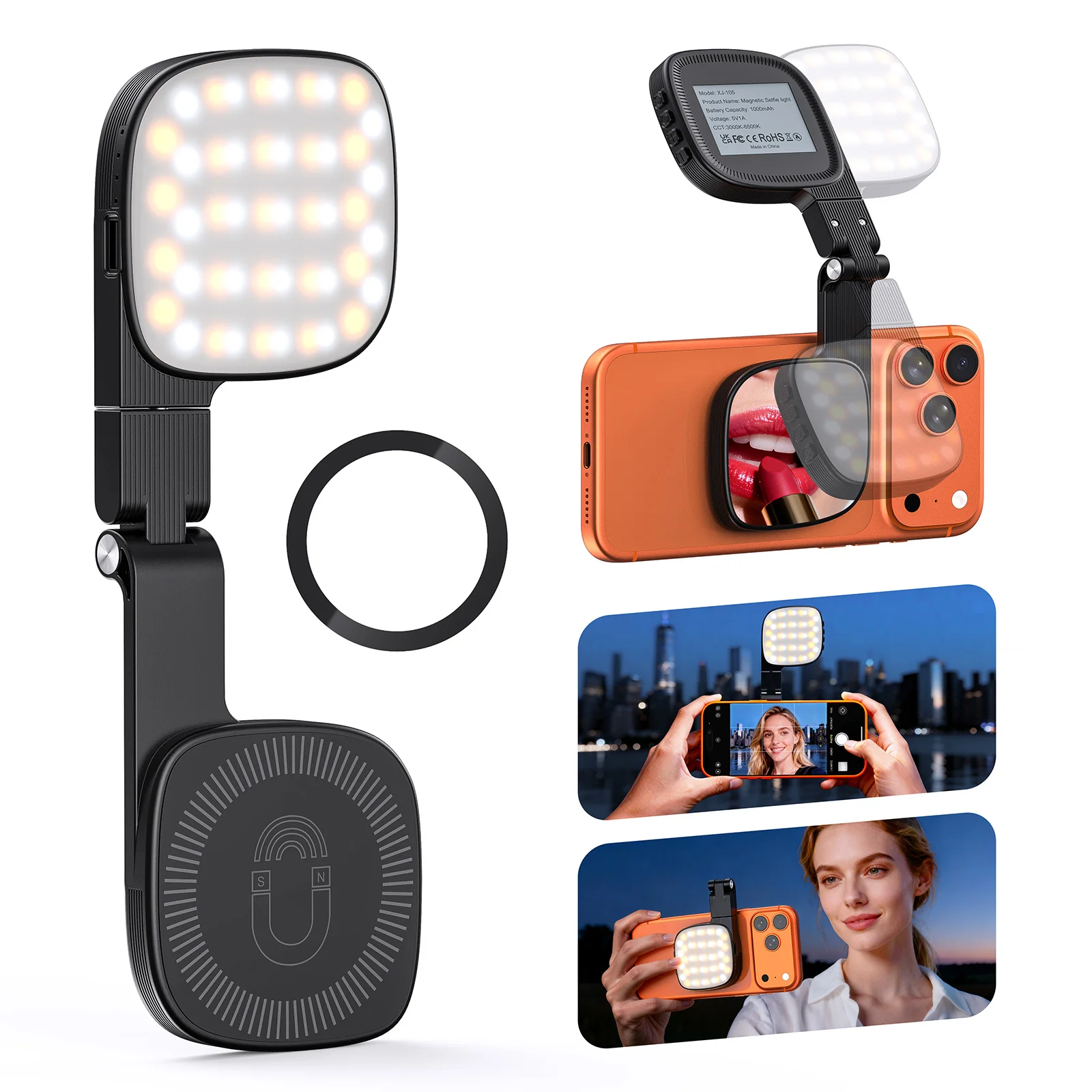 

Магнитный фонарь для селфи с аккумулятором 1000 мАч для IPhone 18 17 16 15 14 13 12, 48 светодиодов, 10 уровней яркости, 3 цветовых температуры