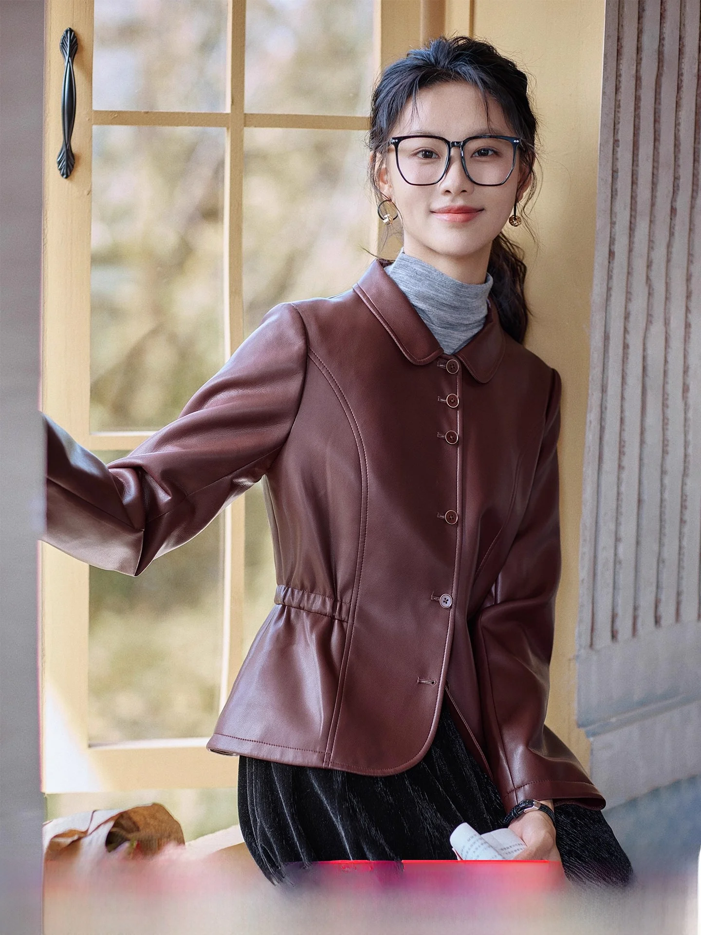 

Red Leather Jaet Women's Slim Fit ort Casual Top Autumn New Sle Commute Sle PU Material Long Sve Turn-down Collar