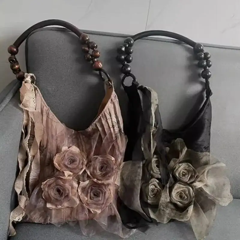 빈티지 우아한 패치워크 플로럴 숄더백 여성 패션 Y2K 감성 핸드백 한국 신상 요정 주름 언더암백 트렌디