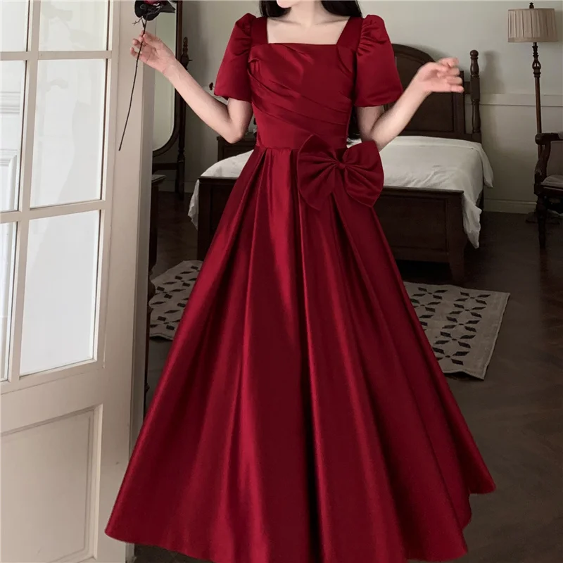 

Evening Party Elegant Midi Long Dresses For Women Luxury 3D Flower 2023 New Summer Short Sleeve Square Collar Wedding Dress