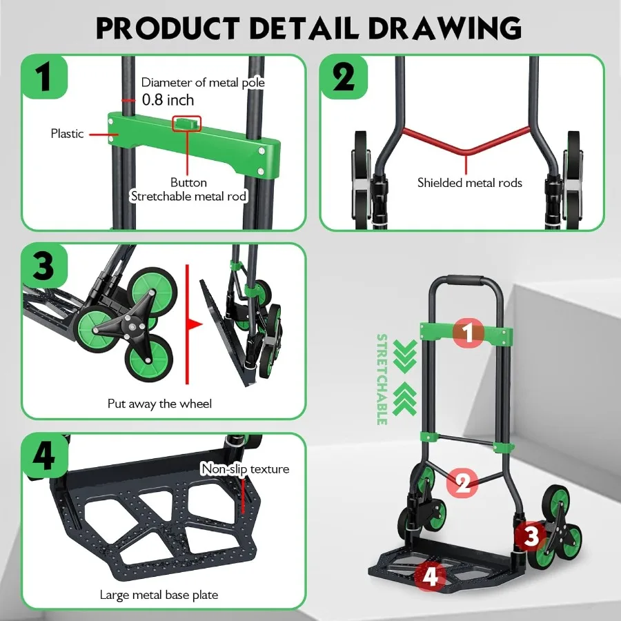 شاحنة يدوية شديدة التحمل بسعة 330 رطل مع عجلات لتسلق الدرج ومقبض OneTouch قابل للسحب لتحريك فعال من الحمل الثقيل