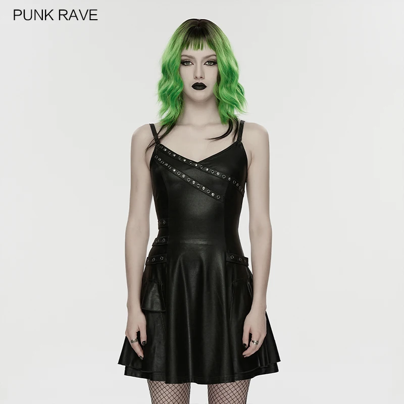 PUNK RAVE Women's Punk Feel Metal Rivets Slip Dress A-line Silhouette Decorates Personality Black Sexy Cool Dresses