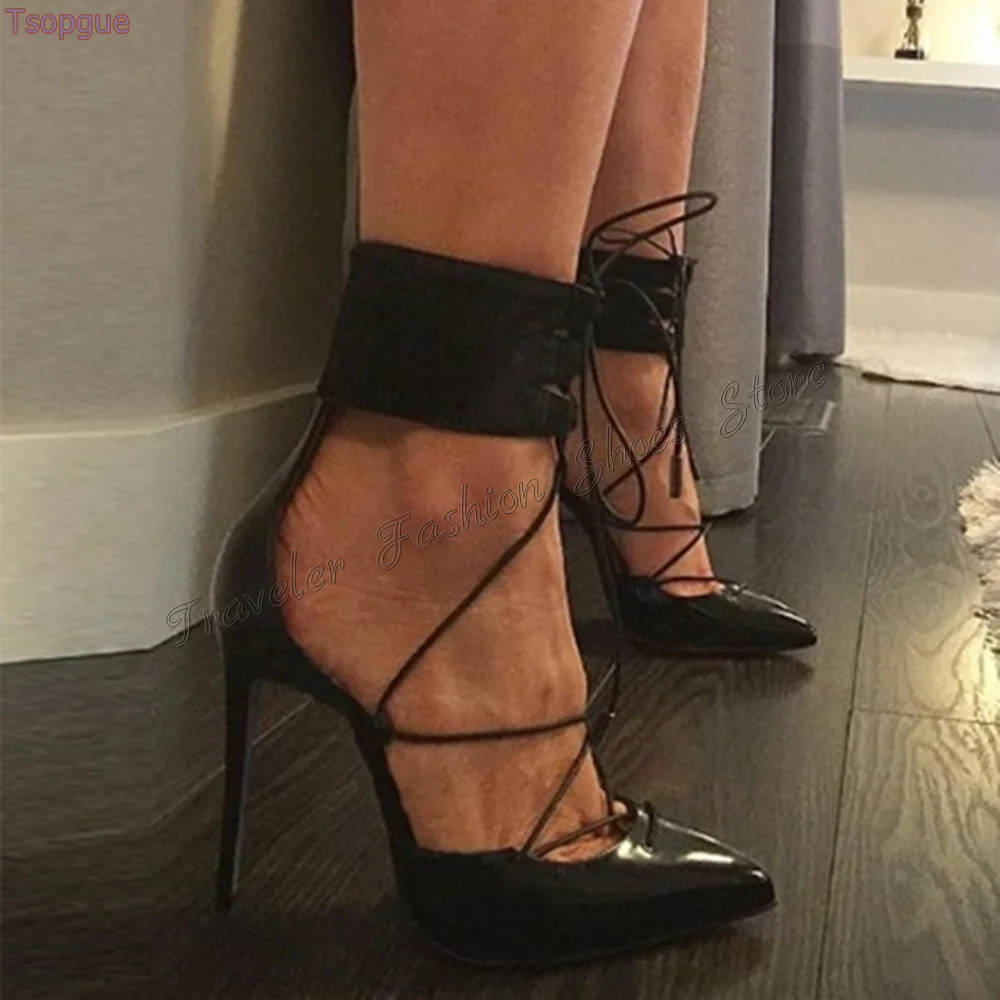 

Black Lace up Pointed Toe Pumps Stilettos High Heels Matte Leather High Heel Shoes for Women Heels 2024 New Zapatos Para Mujere