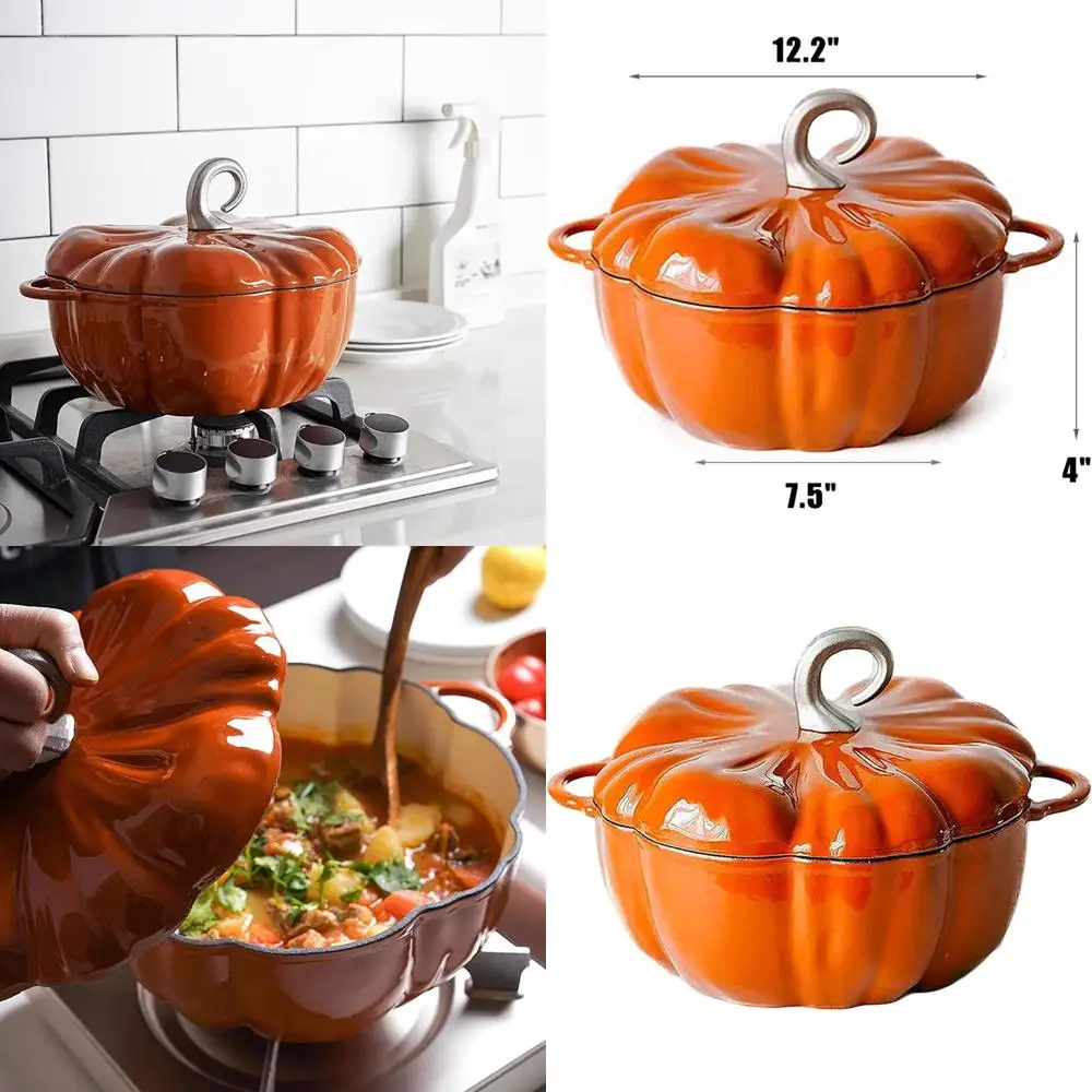 

Чугунная кастрюля-гриль (3,9 кварты), оранжевая, в форме тыквы, с крышкой, идеально подходит для 3-5 человек, идеально для Хэллоуина и Дня благодарения