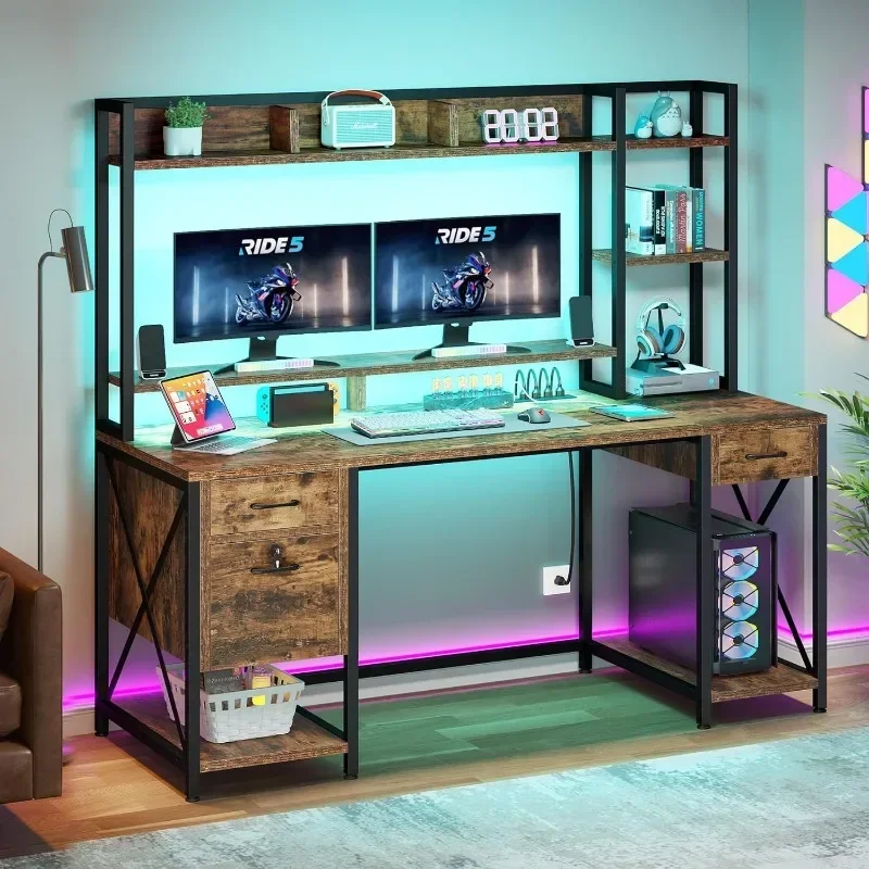 Computer Desk with Drawers & Hutch, 59.1" Office Desk with LED Lights & Power Outlets
