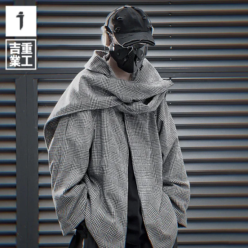 

Men's Outerwear for Autumn Winter 2025 Loose Plaid Stand up Collar Shoulder Scarf Woolen Jacket Men's Clothing Trendy Commuting