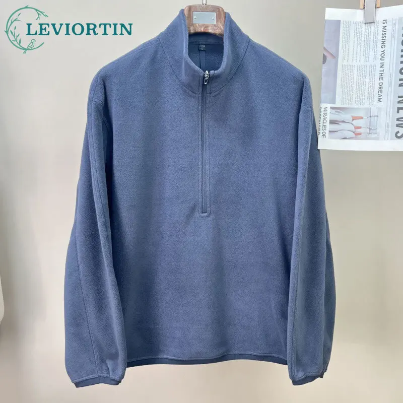 

Осень 2024, новая мужская флисовая ультра свободная толстовка с воротником-стойкой и полумолнией, свободная повседневная простая уличная толстовка с капюшоном для поездок на работу