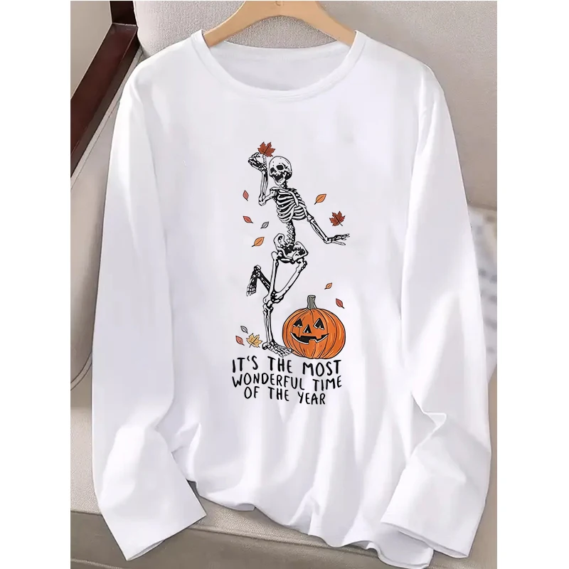 Esqueleto feminino e abóbora impressão casual manga longa t camisa autunm inverno gótico tshirt roupas gráfico y2k camiseta streetwear