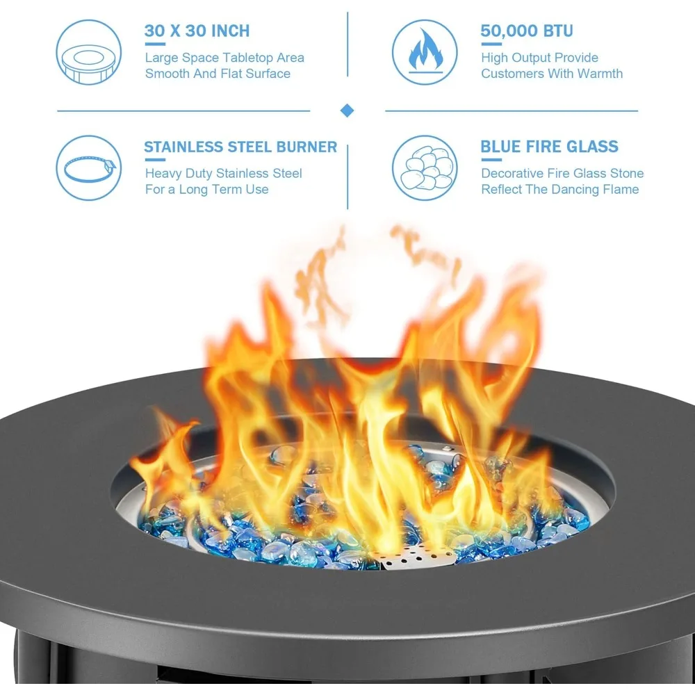 30 Inch Round Gas Fire Pit Table, 50,000 BTU Propane Fire Pit Column with Blue Fire Glass Stone for Outside Patio and Garden