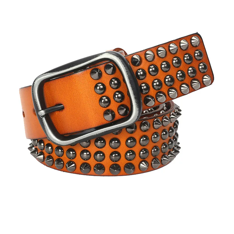 men\'s luxury fashion punk gothic rivets belt cow leather studded belts for women cowboy pin buckle strap on brand designer waist