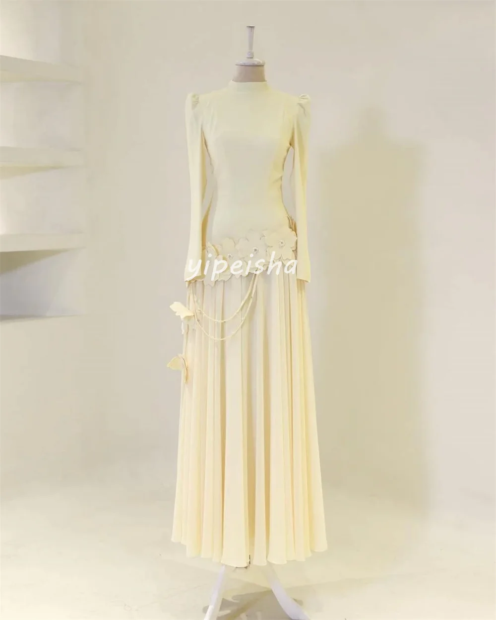 Customized Intricate Retro Jersey Rhinestone Handmade Flower Pleat Ruched A-line High Collar Long Dresses Evening Dresses Casual image 5